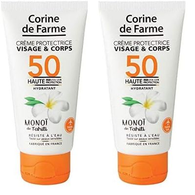 Corine de Farme - Crème Protectrice SPF50 Haute Protection UVA-UVB - Crème Solaire Visage et Corps, Sans Paraben, Résiste à l’Eau - Monoï de Tahiti - 50 ml (Lot de 2)