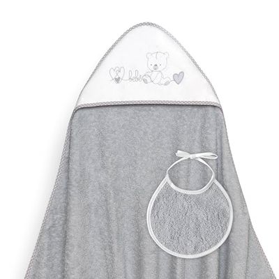Interbaby - Capa de Baño Bebe Gris + Babero | Toalla Bebe con Capucha 100% Algodón, 100x100cm, Unisex | Suave, Cómoda, Ideal Recién Nacidos, Bebes y Niños Pequeños | Diseño Corazones Bebe Osito