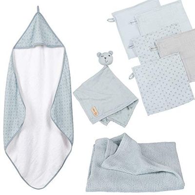 roba Coffret Sortie de Bain Bébé Lil Planet - 1 Cape de Bain + 5 Gants de Toilette + 1 Serviette Doudou + 1 Couverture - Certifié GOTS et OEKO-TEX - Bleu Clair