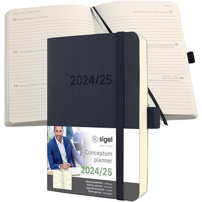 SIGEL C2507 Conceptum Weekly Planner 2024/2025, Approx. A6, Black, softcover, 2 Pages = 1 Week, 240 Pages