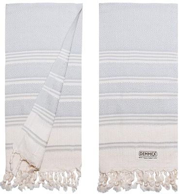 DEMMEX - Lot de 2 Serviettes certifiées 100% Coton Turc Biologique Oeko-TEX, prélavées, séchage Rapide, légers, Style bohème pour la Cuisine et Les Voyages, Motif Diamant, 46 x 91 cm, Gris