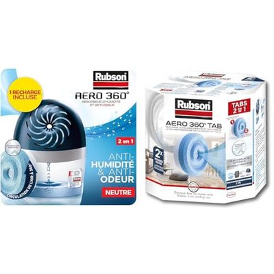 Lot de 2 produits Rubson - Absorbeur d'humidité AERO 360° pour pièce de 20 m², déshumidificateur d'air efficace & AERO 360° Recharges en tabs neutres pour absorbeur d'humidité