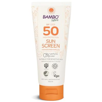 Bambo Nature Sun Cream | 100ml | Factor 50 Kids Sun Cream | Water Resistant Sun Cream SPF 50 | Holiday Essentials for Kids | Dermatologically Tested | Colourant & Fragrance Free