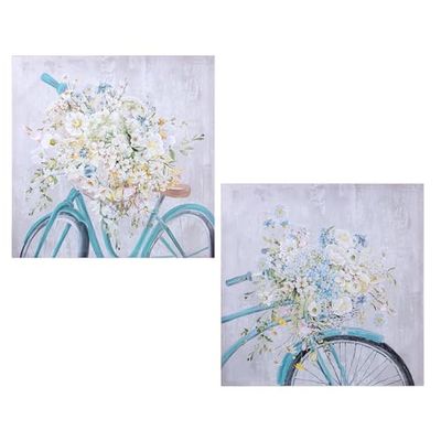 DRW Set van 2 schilderijen, 40% handbeschilderd, met fiets en bloemen, verschillende kleuren, 80 x 80 x 3 cm