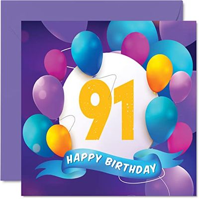 Tarjeta de cumpleaños número 91 para hombres y mujeres, fiesta de globos, tarjetas de feliz cumpleaños para hombre de 91 años, mujer, bisabuelo, abuelo, abuela, abuela, abuelo, abuelo, abuela, abuelo,