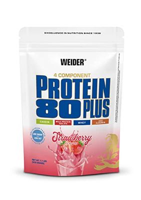 Weider Protein 80 Plus protéine en poudre, Fraise, faible teneur en glucides, mélange de lactosérum de caséine multi-composants pour shakes protéinés, 500 g