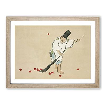 Man Raking Leaves By Kamisaka Sekka Asian Painting Framed Wall Art Print, Ready to Hang Picture for Living Room Bedroom Home Office Décor, Oak A2 (64 x 46 cm)