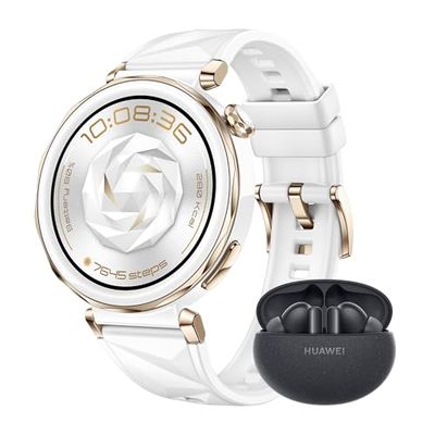 HUAWEI WATCH GT 5 Pro 42mm Smartwatch, elegante, Nuova modalità corsa e ciclismo, Monitoraggio della salute, 7 giorni di durata, GPS, chiamata Bluetooth, iOS e Android, Bianco + FreeBuds 5i Nero