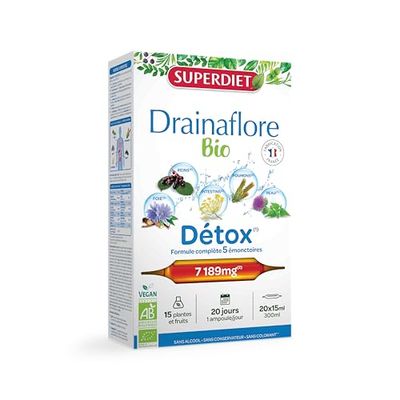 SUPERDIET-DRAINAFLORE BIO - Drainage & Détox- Détox des 5 émonctoires -Fabrication française -20 ampoule de 15 ml