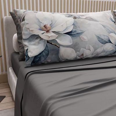 PETTI ARTIGIANI ITALIANI - Juego de Sabanas de Algodon para Cama de Una Plaza y Media Francesa con Fundas de Almohada y Sábana Bajera 140x200, Diseño Floral 14 Gris Oscuro, 100% Fabricado en Italia