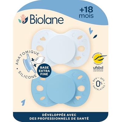 BIOLANE - Tétines anatomiques - Sucettes extra-fines - 18 mois et +- Bleu Bicolore - Téterelle plate et réversible - Confort optimal - Respect du développement bucco-dentaire