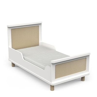 Lit pour Enfant 150x90 en Bois avec Tête De Lit – Gamme OCHNA – Coloris Blanc Mat & Bois Hévéa - 149 x 92 x 78 cm
