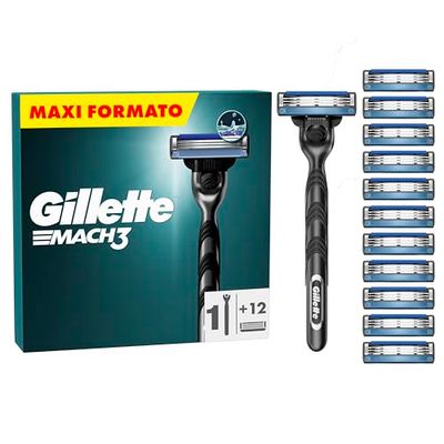 Gillette Mach3 Regolabarba Uomo, Lame Rasoio a Mano Libera, 1 Manico e 12 Lamette da Barba da 3 Lame, Facile Risciacquo, con Gel Lubrificante, Fino a 15 Rasature con 1 Testina azzurro