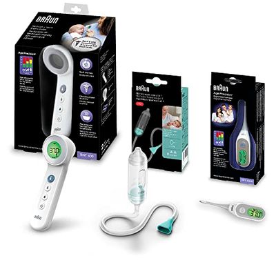 The Braun Healthcare Baby Kit - health essentials for use at home and on the go (No touch + touch forehead thermometer BNT400, Nasal aspirator BNT050, Stick thermometer PRT2000)