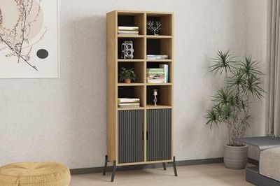 Hanah Home Industriële boekenplank met ijzeren poten, saffiereiken en antraciet, 58,6 x 160 x 30 cm, 100% melamine gecoat, 18 mm dik, stijlvolle opbergoplossing voor moderne ruimtes