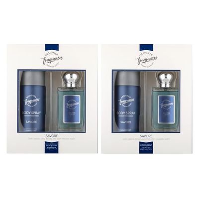 Designer Fragrances Savore Male Twin Gift Set - Includes 2 x 150ml Body Spray Deodorant Cans, 2 x 50ml Men’s Eau De Parfum Aftershave Spray - For Instant Freshness on The Go - Long Lasting Smells