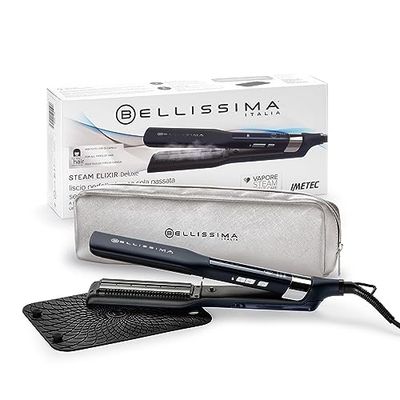 Bellissima Imetec Steam Elixir Deluxe, Professional Steam Straightener, Smooth Hair in One Plow, Advanced Technology, Ceramic & Argan Oil, 4 Temperature, Heat Resistant Mat