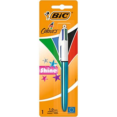 BIC 902126 4-färgs tryckkulspetspenna 4 Colors Shine (0,4 mm linjestärkt) (1 mm kuldiameter) Blister 1 st, 4 axelfärger sorterade