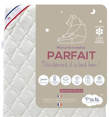 P'tit Lit - Perfect baby-/kindermatras - 70x140 cm - 2 zijden: Ultra Ademend in de Zomer/Warm en knus in de winter - Anti-mijt - Afneembare hoes - Oeko Tex® - Gemaakt in Frankrijk - Ep. 10 cm