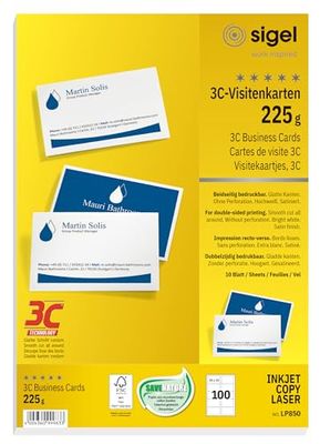 SIGEL LP850, 85x55 mm (A4), Business Cards, 3C, smooth cut all around, 225 gsm, printable, bright White, 100 Piecesequal to10 sheets