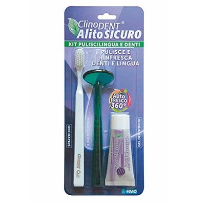 Clinodent Alito Sicuro - Kit puliscilingua e denti composto da pulisci lingua, gel dentifricio alito sicuro agli olii essenziali e spazzolino