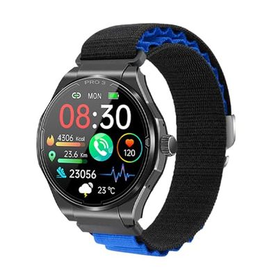 Knauermann PRO 3 (2024) zwart - gezondheidshorloge smartwatch met telefoonfunctie - ECG + HRV en SOS-functie - AMOLED-display, BT Bluetooth - slaapapneu - textielband zwart/blauw, 14-24, rond, zwart,