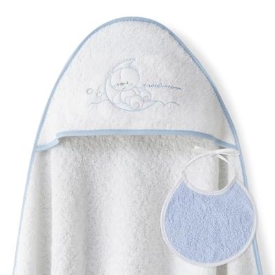 Interbaby - Capa de Baño Bebe Blanco/Azul + Babero | Toalla Bebe con Capucha 100% Algodón, 100x100cm, Unisex | Suave, Cómoda, Ideal Recién Nacidos, Bebes y Niños Pequeños | Diseño Sweet Moon