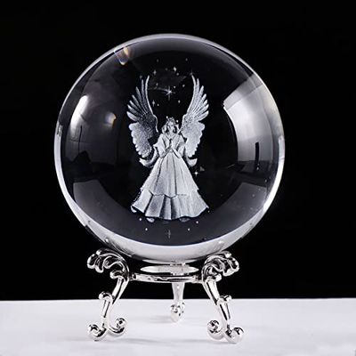 8 cm inciso 3D Angelo custode preghiera sfera di cristallo con supporto in argento regalo commemorativo per persone speciali angelo ornamenti per la casa (8 pollici)