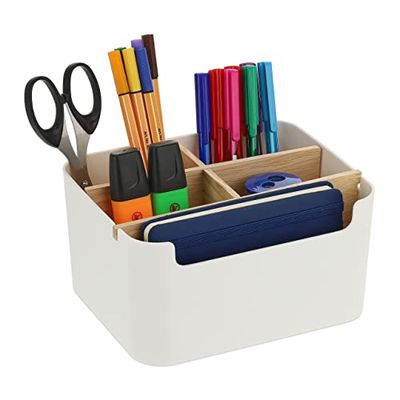 Relaxdays Desk Organiser, 5 Compartments, Plastic and Wood, H x W x D: 9,5 x 18 x 15 cm, White, 9.5 x 18 x 15 cm