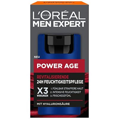 L'Oréal Men Expert Face Care Against Wrinkles for Men, Anti-Ageing Moisturiser for Tired and Matte Skin, Face Cream for Men with Hyaluronic Acid, Power Age, 1 x 50 ml