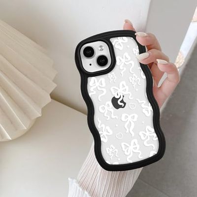 QLTYPRI Beschermhoes voor iPhone 15, transparant, krullend, golvend, frame met esthetisch strikdesign, voor dames en meisjes, beschermhoes van zachte siliconen, TPU, schokbestendig, zwart/wit