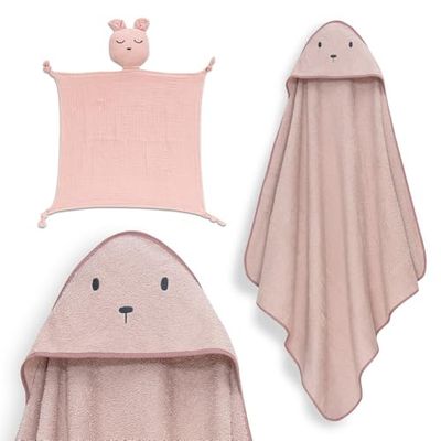 Interbaby - Mantello da bagno per bambini + mussola di Dudu | Asciugamano con cappuccio 100% cotone, unisex, morbido, asciugatura rapida, ideale per neonati, neonati e bambini piccoli, design orso