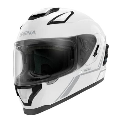 Sena Stryker Full Face Smart Helmet with Integrated Mesh and Bluetooth Communications, LED Taillight, and SOUND by Harman Kardon (Gloss White, M)