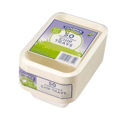 Caterpack Enviro Range Chip Trays 7 x 5 50 Pack. Disposable, Biodegradable chip Trays. Suitable for microwaving and Freezing, Water Repellent and greaseproof