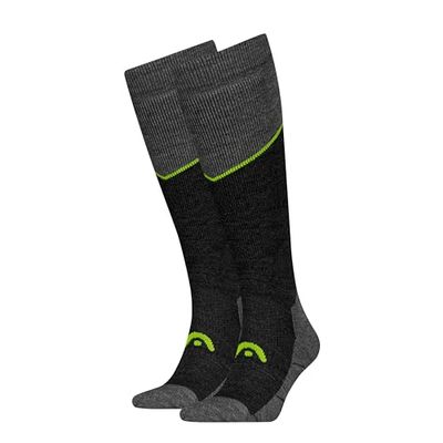 HEAD Ski Beginner Kneehigh Calzini, Grigio Melange/Lime, 43-46 (Pacco da 2) Unisex-Adulto