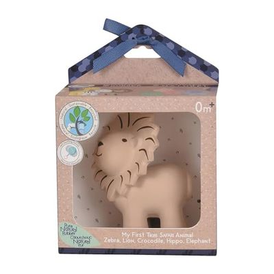 Tikiri 8596012 - Sonajero de Caucho Natural en Caja de Regalo, diseño de león, Juguete de baño, para bebés y niños a Partir de 0 Meses