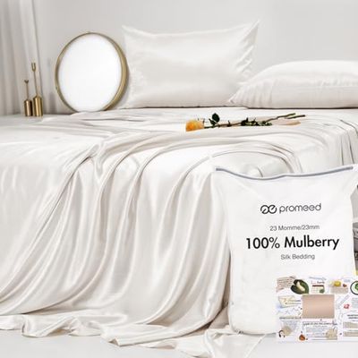 PROMEED Juego de sábanas de Seda Blanca Morera de 23 Momme, 4 Piezas, 100% Seda Grado 6A+ con sábanas refrescantes y Fundas de Almohada (Blanco, Queen)