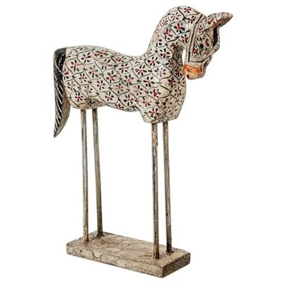 DRW Figura de un Caballo de Madera y Patas de Metal en Blanco y Verde 27x8x40cm