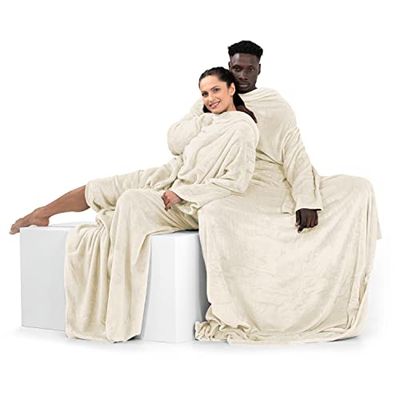 DecoKing Coperta con Maniche per TV in Microfibra e Tasca Morbido Poliestere Crema 150 x 180 cm Lazy