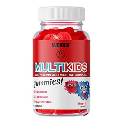 Weider Multikids Gummies (50 Caramelle Gommose) Sapore di Ciliegia, Complesso di 9 Vitamine e 3 Minerali per Bambini, Con Vitamina A, D, E, C, B6, B12, Biotina, Zinco, Senza Glutine, 25 Porzioni