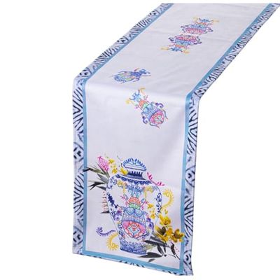 Alexandra House Living Chemin de Table Bleu Blanc Textile 180 x 30 cm Velours