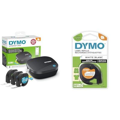 DYMO LetraTag 200B etichettatrice Bluetooth | Stampante per etichette compatta & LetraTag Iron-On etichette per tessuti – rotolo da 12 mm x 2 m – stampa nera su bianco