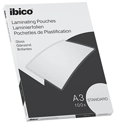 Ibico Basics A3 Lamineerhoezen, Standaard gewicht, Erg goede beschermhoes voor documenten en duurzaam, Pak van 100 stuks, Glanzende Afwerking, Kristalhelder, 627313