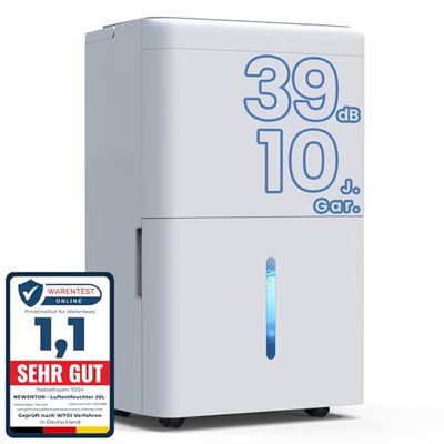 Newentor Elektrisk avfuktare för källare 39 dB 20 l med 1,5 m dräneringsslang 50 m²/150 m3-10 års matlagning, filter, timer