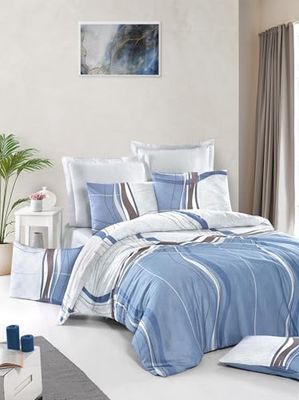 Nuit Des Rêves Luxurious Satin Single XL - Set di copertine trapuntate, 155 x 200 cm, 100% cotone, 210 thread Count, lavabile in lavatrice, colore: Bianco/Blu/Marrone