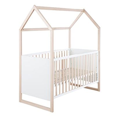 roba Lit Bébé Cabane Évolutif Bicolore 70 x 140 cm - Convertible en Lit Junior - 3 Niveaux de Hauteur - 3 Barreaux Amovibles - Bois Blanc/Naturel