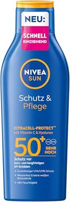NIVEA SUN Protezione e cura, lozione solare SPF 50+, protezione solare impermeabile con vitamina C e acido ialuronico, protezione solare ad assorbimento rapido per 48 ore di umidità senza residui