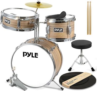 Pyle Set de Batterie Enfant – Kit de Batterie Musique Junior Débutant 3 Pièces avec Grosse Caisse de 33 cm, Caisse Claire, Tom, Cymbale, Siège Réglable, Sourdines, Baguettes, Naturel