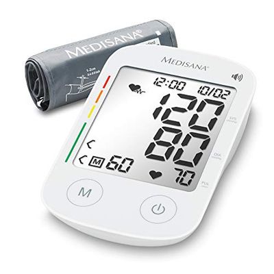 Medisana BU 535 Voice Tensiómetro de brazo, medición precisa de la presión arterial y el pulso con función de memoria y salida de voz, escala de semáforo, visualización de latidos irregulares