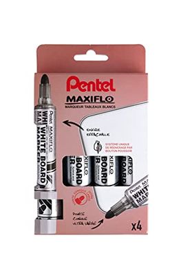 Pentel Maxiflo MWL5W/4, Confezione da 4 pennarelli lavagna bianca, punta conica ultra grande, Nero, Rosso, Blu, Verde